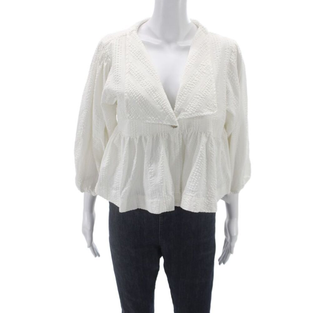 Free-est Womens Cropped V-Neck 3/4 Sleeve Cotton Boho White Blouse Size S